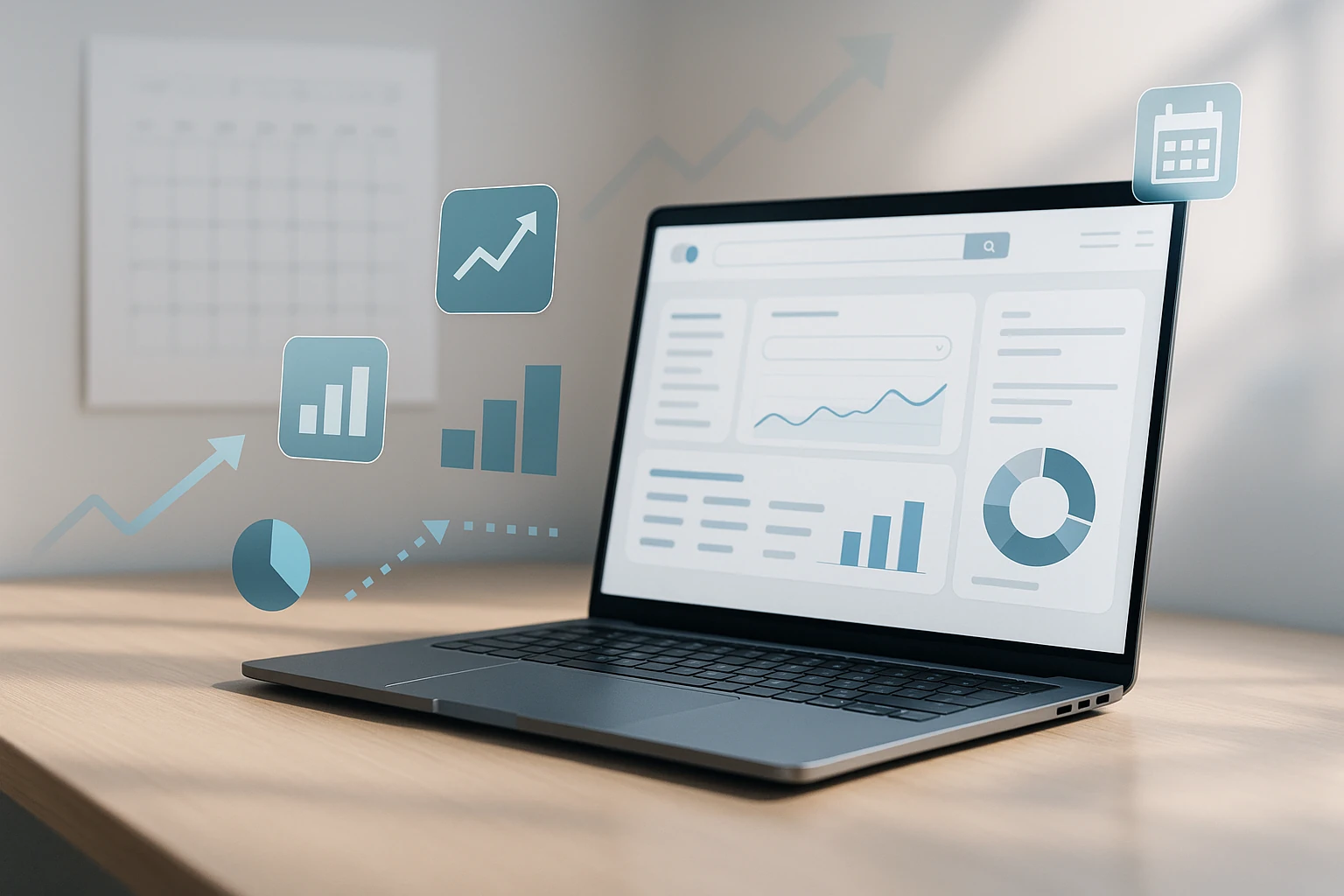 Laptop mit Datenanalyse, Diagrammen und Statistiken für digitales Marketing im Büro.