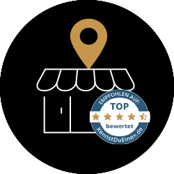 Symbol eines Geschäfts mit Standort-Pin und Qualitätssiegel für Top-Bewertung auf KennstDuEinen.de