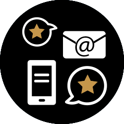 Symbole für Smartphone, E-Mail, Sternebewertungen und Kommunikation auf schwarzem Hintergrund.