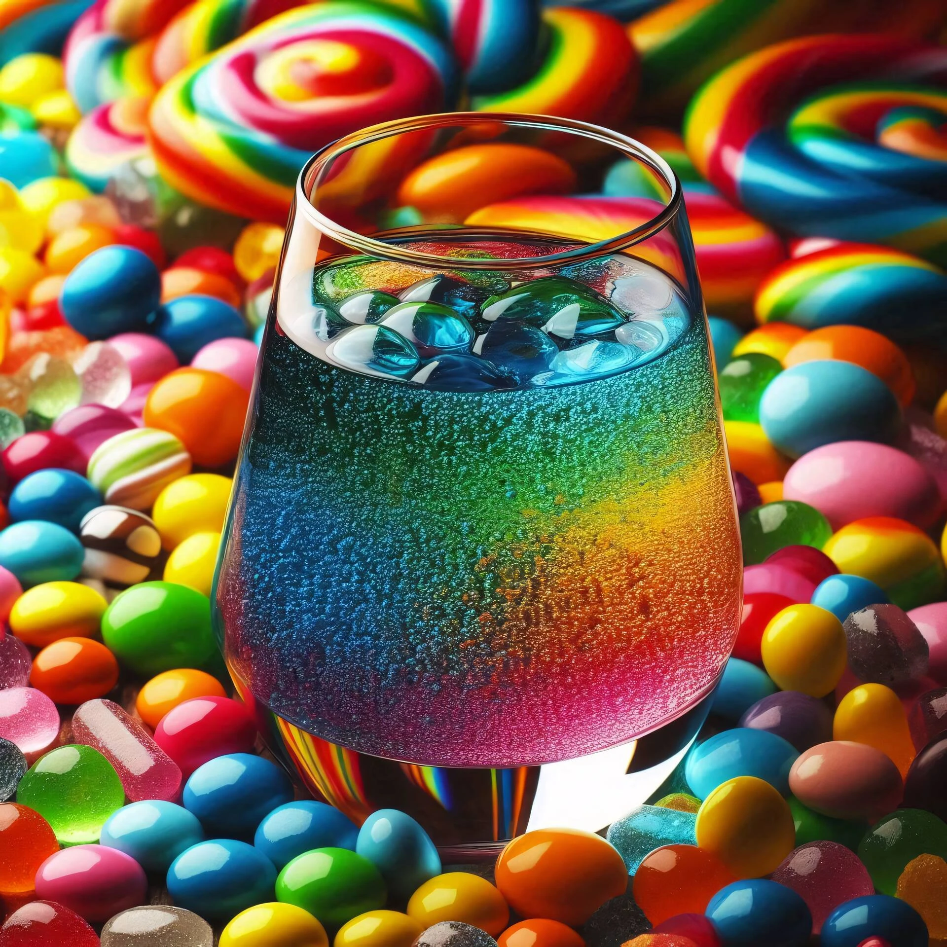 Glas mit Regenbogen-Cocktail und Eiswürfeln, umgeben von bunten Süßigkeiten